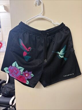 YoungLA Black Athletic Shorts with Teal & Magenta Hummingbird Print